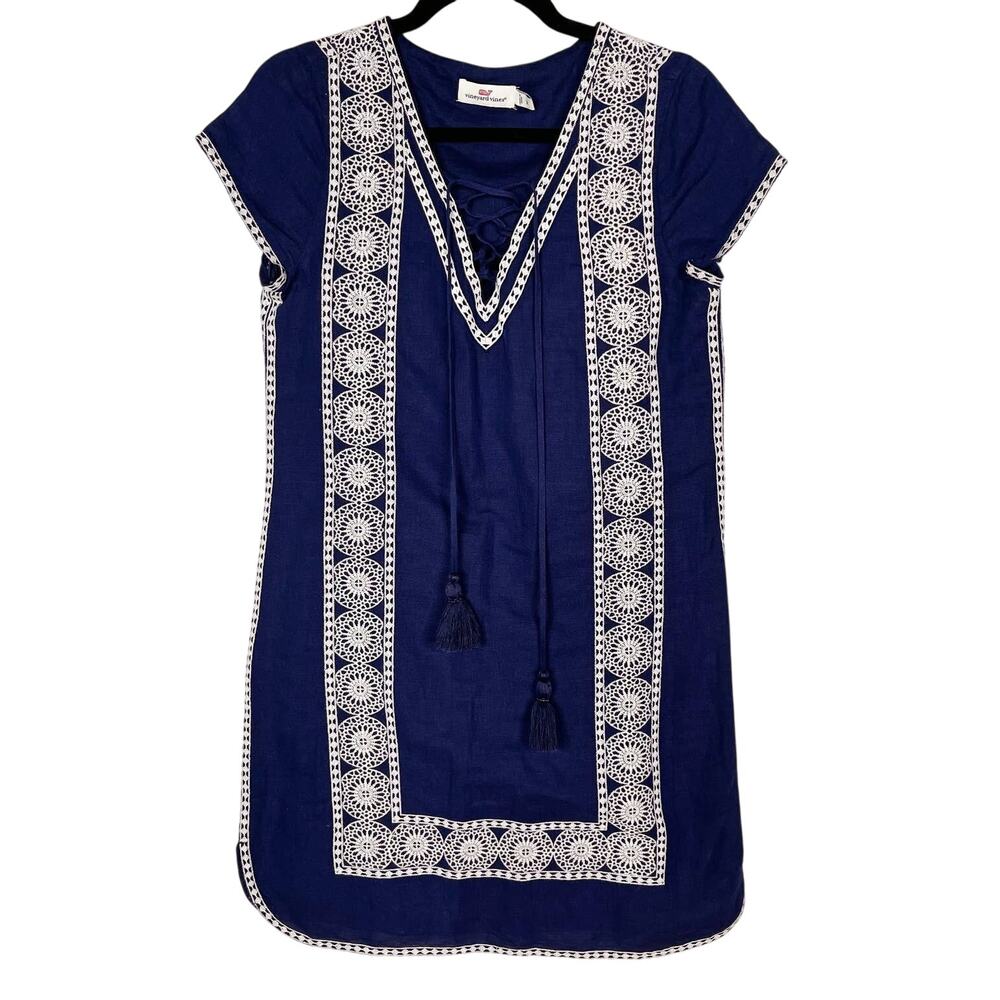 Vineyard Vines 2 Navy Blue White Lace Up Tunic Dress Cotton Linen Embroidered